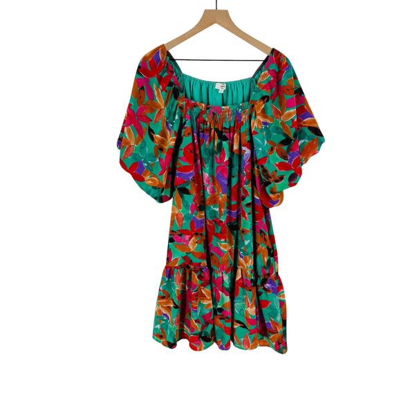 Entro Women's Colorful Leaf Print Off Shoulder Ruffle Hem Dress Size 1X - Picture 1 of 9